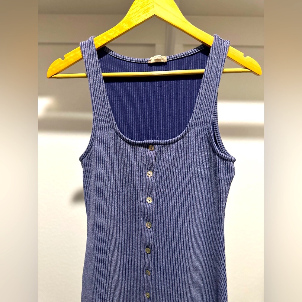 Navy Blue Ribbed Button Front Sleeveless Maternity Midi Dress